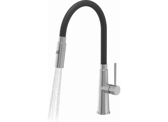 Bateria ICEBERG CEREZA stal szczotkowana INOX + wąż czarny | elastyczna wylewka (BQCR8SSQ)