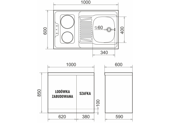 Minikuchnia 5w1 PYRAMIS MK 100x60 | pełna ZABUDOWA | komora PRAWA | lodówka, płyta, zlew, szafka + GRATIS bateria CHROM