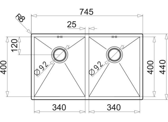 Zlew PYRAMIS TETRAGON (74,5x44) 2B stal szczotkowana INOX (100091330)