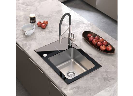 __WYSYŁKA 24H*^__ | Zlew QUADRON HUGH 116 szkło CZARNE + komora INOX (szczotkowana) (ST3564SC1BS)
