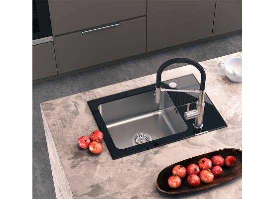 __WYSYŁKA 24H*^__ | Zlew QUADRON HUGH 116 szkło CZARNE + komora INOX (szczotkowana) (ST3564SC1BS)