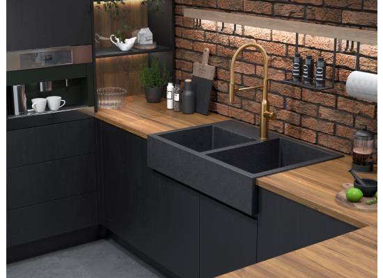 __WYSYŁKA 48H*__ | Zlew farmerski QUADRON BILL 120 BLACK DIAMOND (czarny metalik) + syfon MIEDŹ (HCQB9062U8_PVDC1)