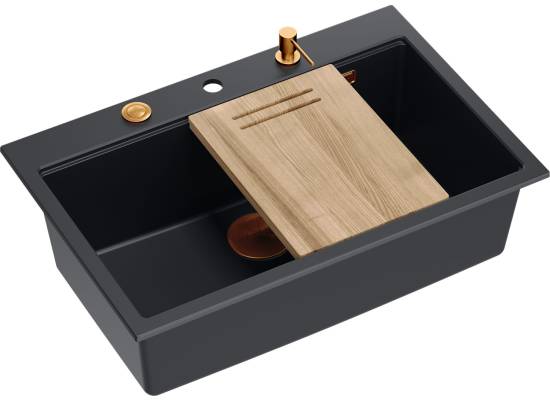 Zlew QUADRON MARC 110 PURE CARBON (czarny mat) + syfon MIEDŹ + akcesoria (HQM7650U7_PVDC1)