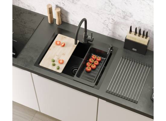 Zlew QUADRON LUKE 110 WORKSTATION czarna stal szczotkowana (BLACK INOX) + dozownik + akcesoria (ZH5845PVDBLM)