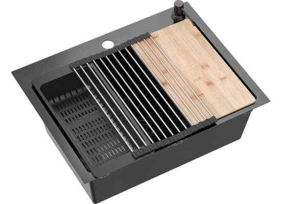 Zlew QUADRON LUKE 110 WORKSTATION czarna stal szczotkowana (BLACK INOX) + dozownik + akcesoria (ZH5845PVDBLM)