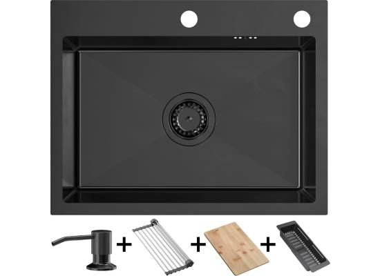Zlew QUADRON LUKE 110 WORKSTATION czarna stal szczotkowana (BLACK INOX) + dozownik + akcesoria (ZH5845PVDBLM)