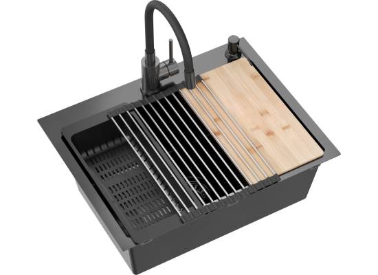 Zlew QUADRON LUKE 110 WORKSTATION czarna stal szczotkowana (BLACK INOX) + dozownik + akcesoria (ZH5845PVDBLM)