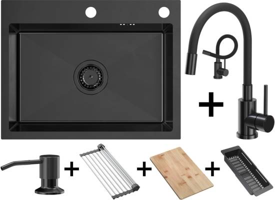 Zestaw QUADRON | LUKE 110 WORKSTATION czarna stal szczotkowana (BLACK INOX) + MAGGIE black metal/czarny + dozownik + akcesoria (ZH5845PVDBLM_3323503PV