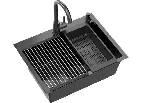 Zlew QUADRON LUKE 110 WORKSTATION czarna stal szczotkowana (BLACK INOX) + dozownik + akcesoria (ZH5845PVDBLM)