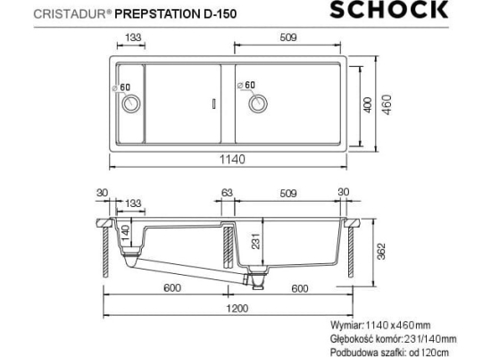 Zlew SCHOCK PREPSTATION D-150 DUSK (Cristadur) | linia STUDIO