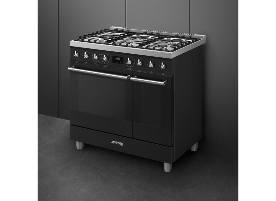 _RABAT_ | Kuchnia z płytą gazową SMEG C92GPMB2 czarny mat | 90cm | czyszczenie pyroliza | linia SYMFONIA | + GRATIS robot SMF05BLEU