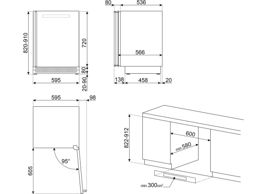 Winiarka do zabudowy SMEG CVI338RX3 stal niedzewna + szkło CZARNE | zawias PRAWY | 82cm | 38 butelek | 2 strefy | linia CLASSICA