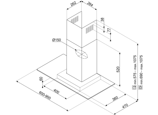Okap przyścienny SMEG KBT900VE stal nierdzewna + szkło | 90cm | 677 m3/h | linia UNIVERSAL